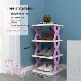 Plastic Installation-free Shoe Rack Storage Shoe Rack Folding Shoe Cabinet (Option: Purple 4 Layers X Type)